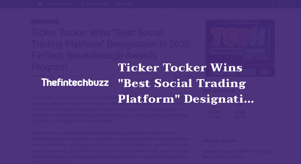 Ticker Tocker Wins “Best Social Trading Platform” Designation in 2020 FinTech Breakthrough Awards Program